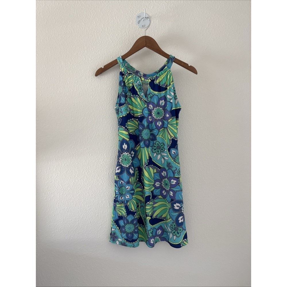Southwind Apparel Blue Green Keyhole Floral Mini Dress Resort Beachy Casual S